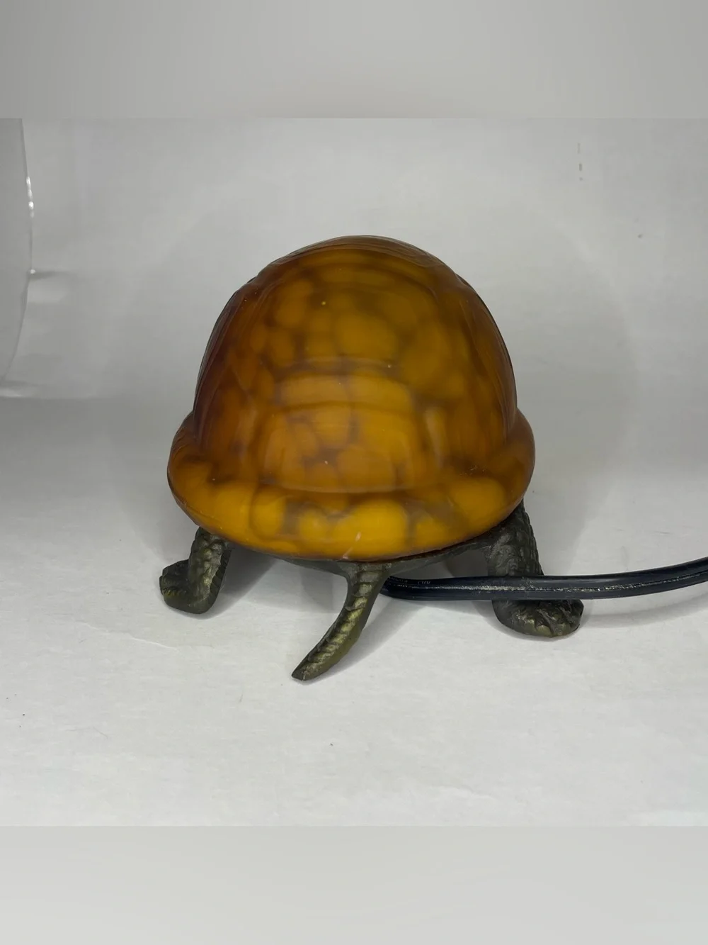VTG Amber Mottled Tiffany Style Glass & Brass Turtle Table Accent/Night Light 8" - Picture 6 of 10